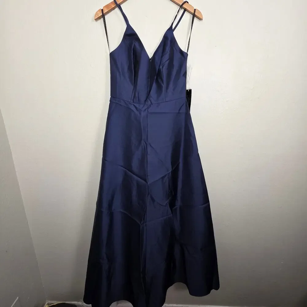 NWT Alfred Sung D750 V-Neck Full Skirt Satin Maxi Dress Midnight Blue 8 - Picture 5 of 10